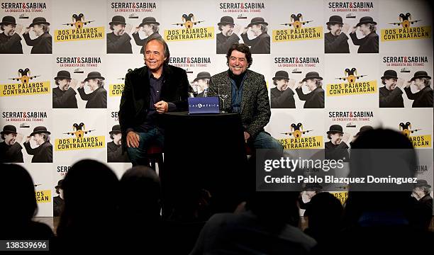 Singers Joan Manuel Serrat and Joaquin Sabina present the new album 'La Orquesta del Titanic' at Casa America on February 6, 2012 in Madrid, Spain.