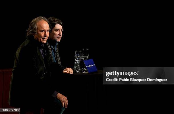 Singers Joan Manuel Serrat and Joaquin Sabina present the new album 'La Orquesta del Titanic' at Casa America on February 6, 2012 in Madrid, Spain.