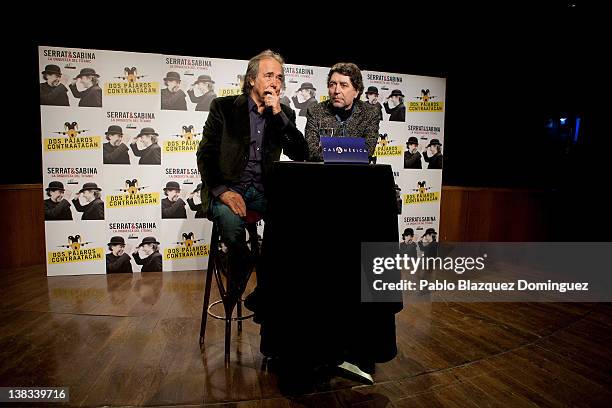 Singers Joan Manuel Serrat and Joaquin Sabina present the new album 'La Orquesta del Titanic' at Casa America on February 6, 2012 in Madrid, Spain.