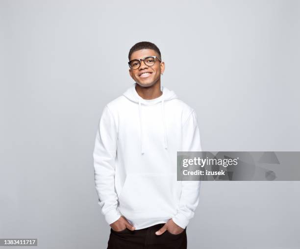 portrait of friendly young man - hoodie imagens e fotografias de stock