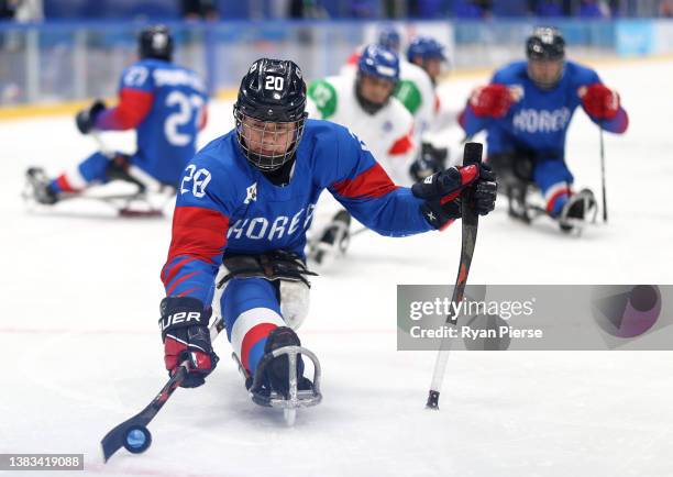 Dong Shin Jang of Team South Korea in action during the Qualifying Final Para Ice Hockey game at National Indoor Stadium on day five of the Beijing...