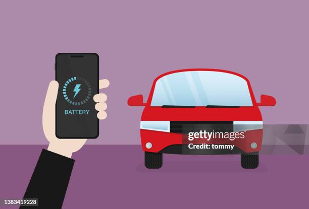 stockillustraties, clipart, cartoons en iconen met businessman checking an electric car battery by mobile phone - car charger