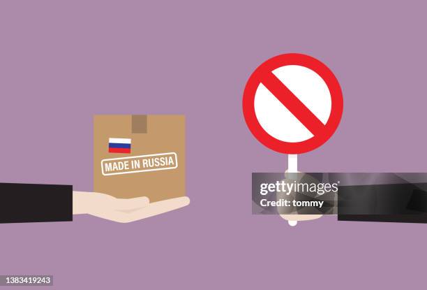 ilustraciones, imágenes clip art, dibujos animados e iconos de stock de empresario muestra signo de prohibición a los envases de rusia - free trade agreement