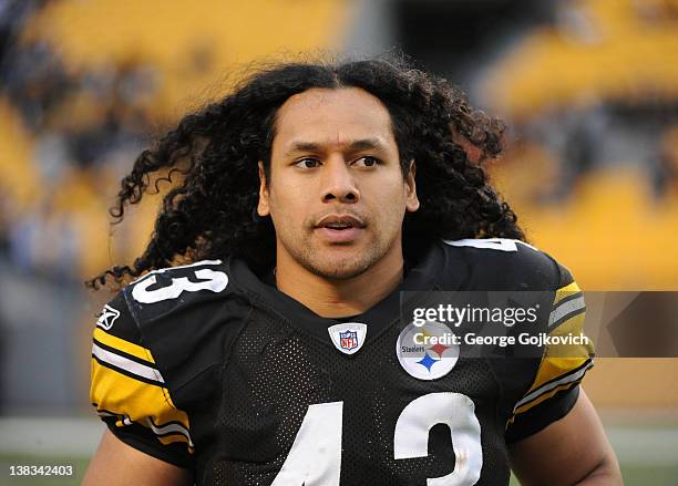 The hair of safety Troy Polamalu of the Pittsburgh Steelers bounces in the air as he jogs off the field following a game against the Cincinnati...