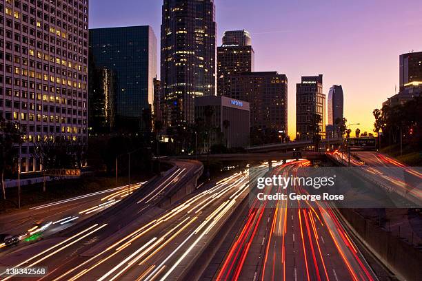 The Harbor Freeway moves traffic through the heart of downtown on January 27, 2012 in Los Angeles, California. Over the past 20 years the downtown...