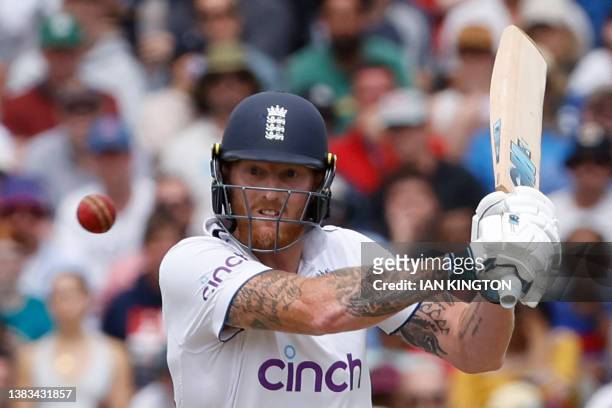 England's captain Ben Stokes plays a shot on day five of the second Ashes cricket Test match between England and Australia at Lord's cricket ground...