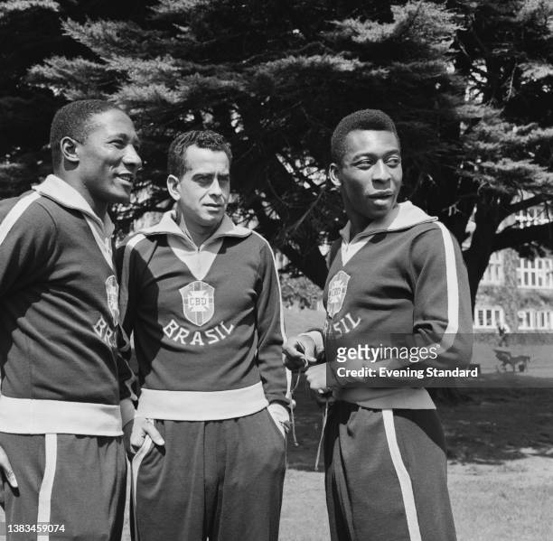 From left to right, footballers Djalma Santos , José Ely de Miranda or Zito and Pelé of the Brazil national team at Selsdon Park Hotel in Selsdon,...