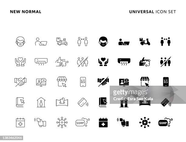 new normal universal solid and line icon set with editable stroke - flatten the curve icon stock illustrations