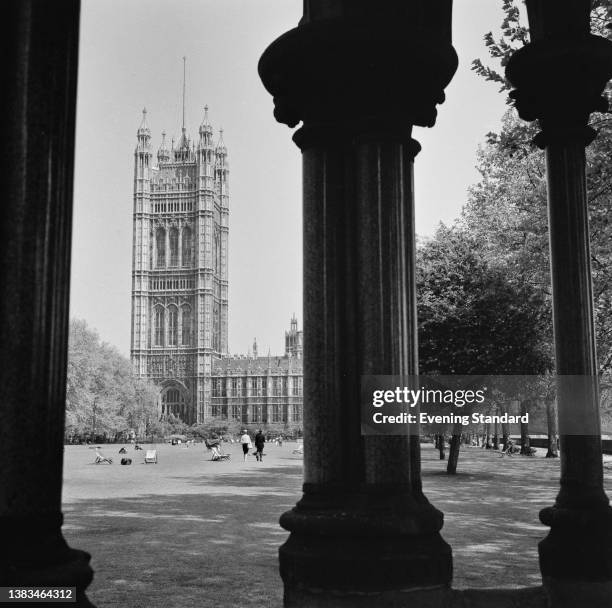 The Palace of Westminster with the Victoria Tower on the left, as seen across the Victoria Tower Gardens in London, UK, 6th June 1963.