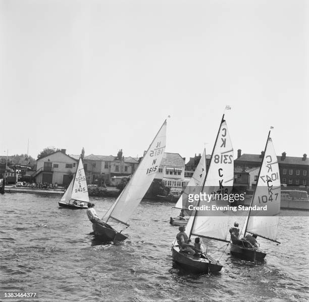 Sailboats on the River Thames at Kingston-upon-Thames in south west London, UK, 6th June 1963.