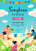 Songkran festival poster invitation vector design. Thai New Year Holidays, Kids enjoy water festival.