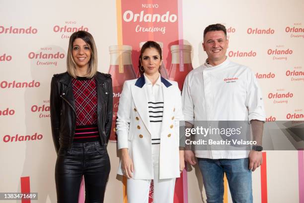 Elisenda Picola, Elena Furiase and the chef Ivan Saez pose during "Gastro Quedadas de Orlando Creaciones) presentation on March 09, 2022 in Madrid,...