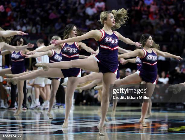 Gonzaga Bulldogs cheerleaders perform as the team takes on the Saint Mary's Gaels during the championship game of the West Coast Conference...