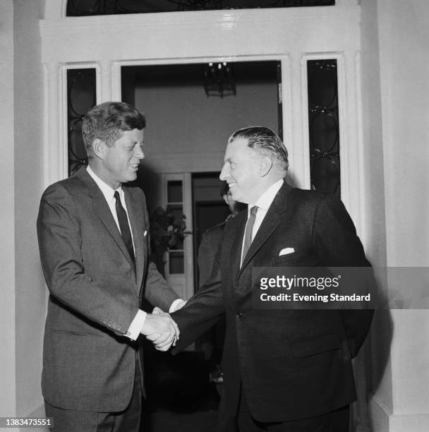 President John F. Kennedy with Irish Taoiseach Seán Lemass at the US Embassy in Dublin during a visit to Ireland, June 1963.
