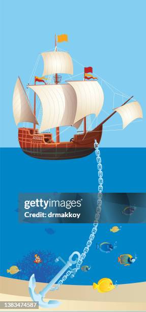 stockillustraties, clipart, cartoons en iconen met historical galleon and seabed - angelfish