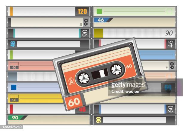 aufgereihte audiokassetten mit einer vielzahl von farben und karteikarten - album cover stock-grafiken, -clipart, -cartoons und -symbole