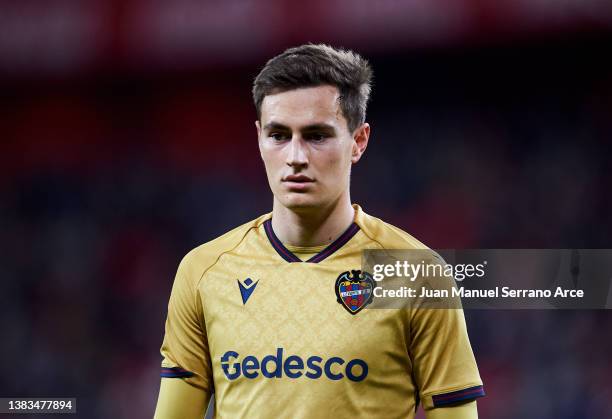 Jorge de Frutos of Levante UD reacts during the LaLiga Santander match between Athletic Club and Levante UD at San Mames Stadium on March 07, 2022 in...