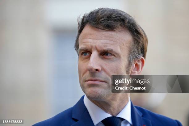 French President Emmanuel Macron looks on prior to a working lunch with Netherlands' Prime Minister Mark Rutte over Ukraine crisis at the Elysee...