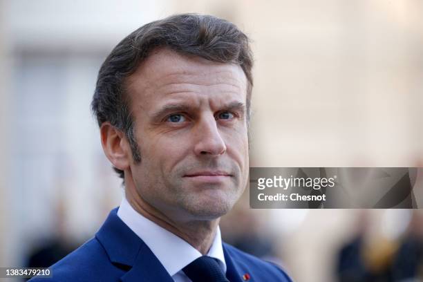 French President Emmanuel Macron looks on prior to a working lunch with Netherlands' Prime Minister Mark Rutte over Ukraine crisis at the Elysee...