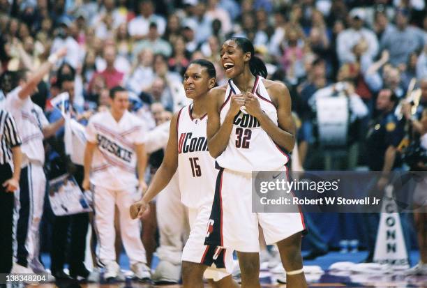 American basketball player Swin Cash of the University of Connecticut celebrates during NCAA East Regional final, Storrs, Connecticut, 1999.