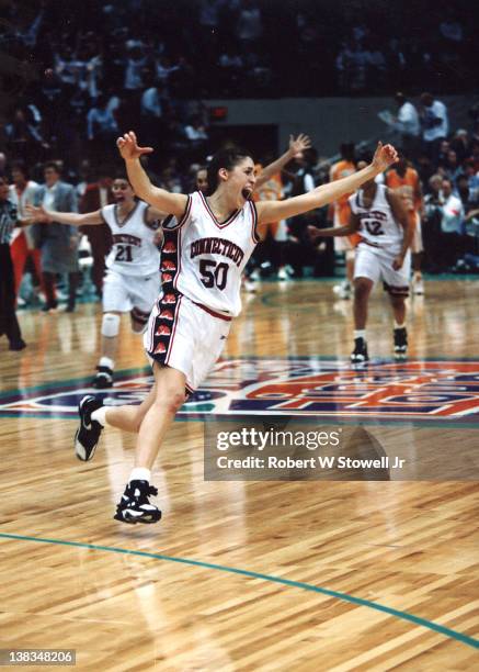 American basketball player Rebecca Lobo of the University of Connecticut celebrates her team's victory over Tenessee to win the NCAA National...