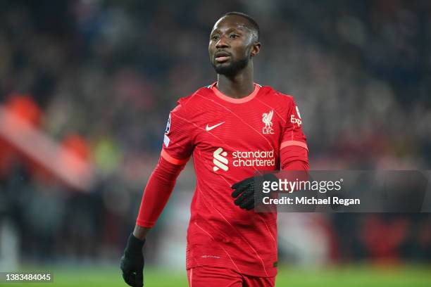 Naby Keita of Liverpool looks on during the UEFA Champions League Round Of Sixteen Leg Two match between Liverpool FC and FC Internazionale at...