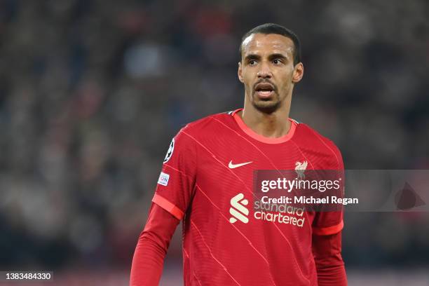 Joel Matip of Liverpool looks on during the UEFA Champions League Round Of Sixteen Leg Two match between Liverpool FC and FC Internazionale at...