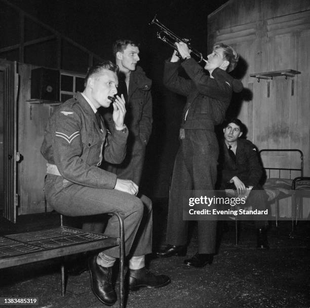 From left to right, actors Alan Dobie, Terence Taplin, John Noakes and John Levitt during a rehearsal for the Arnold Wesker play 'Chips With...