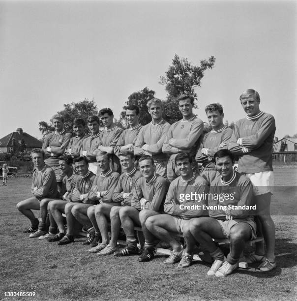 League Division One team Chelsea FC at the start of the 1963-64 season, UK, 6th August 1963. From left to right Derek Kevan, Bobby Tambling, Bert...