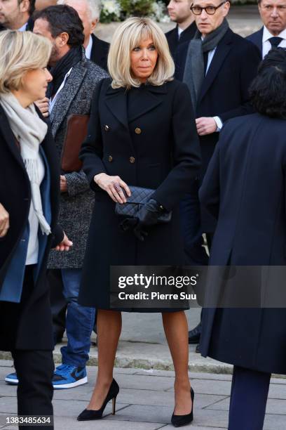 Brigitte Macron attends Jean-Pierre Pernaut's Funerals at Basilique Sainte-Clotilde on March 09, 2022 in Paris, France.