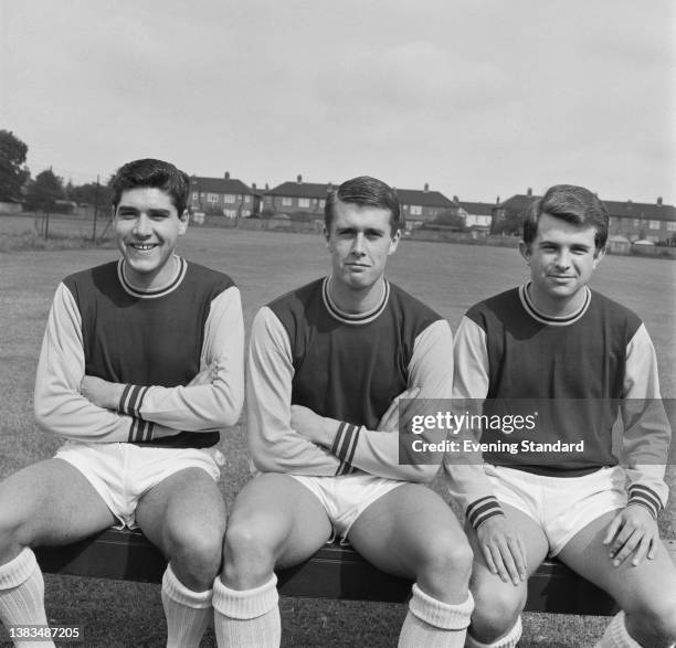 From left to right, English footballers Alan Sealey , Geoff Hurst and Tony Scott of League Division One team West Ham United at the club's training...