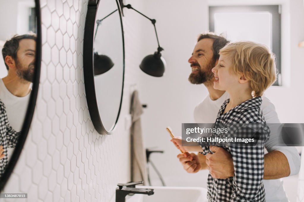 Father with small child indoors in bathroom in the morning at home, brushing teeth.