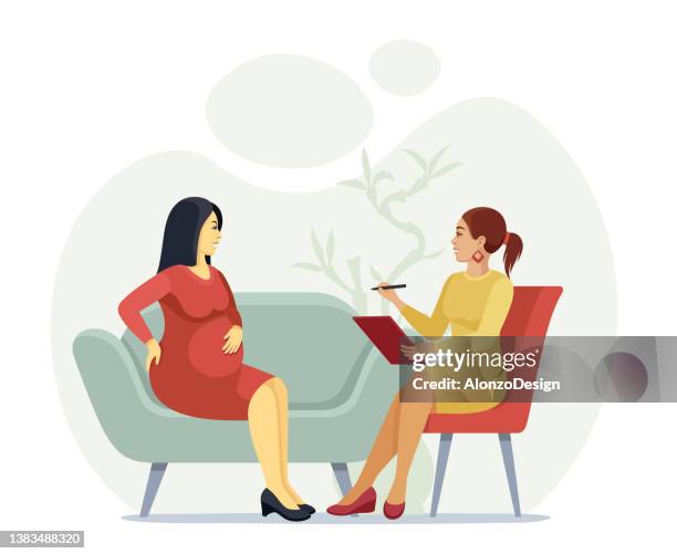 ilustrações de stock, clip art, desenhos animados e ícones de psychologist counseling a pregnant woman. - gravidez