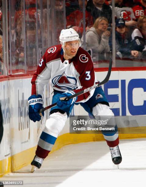 Jack Johnson of the Colorado Avalanche skates against the New Jersey Devils at the Prudential Center on March 08, 2022 in Newark, New Jersey.
