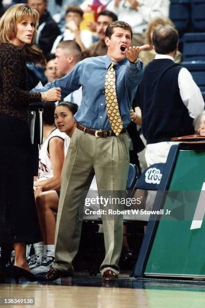 Italian-born American basketball coach Geno Auriemma of the University of Connecticut protests form the bench during a game, Storrs, Connecticut,...