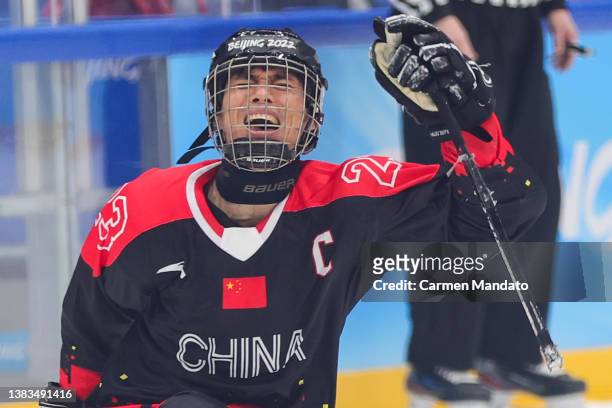 Yutao Cui of Team China reacts after defeating Czech Republic 4-3 in the Qualifying Final Para Ice Hockey game between China and Czech Republic at...