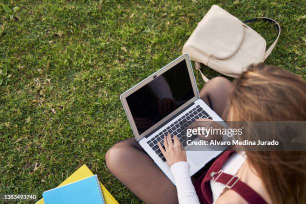 student tying on laptop in park - laptop netbook stock pictures, royalty-free photos & images