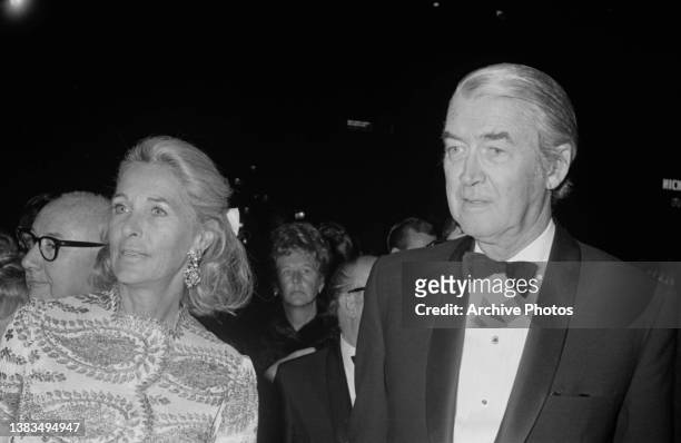 American actor James Stewart and his wife Gloria Hatrick McLean at the premiere of the film 'Paint Your Wagon', USA, 1969.