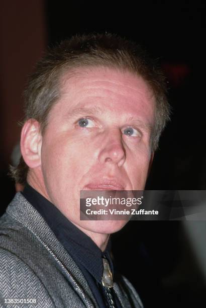 American actor Gary Busey speaks to the press about his near-fatal motorcyle accident on December 4th 1988, and his support for the mandatory laws...
