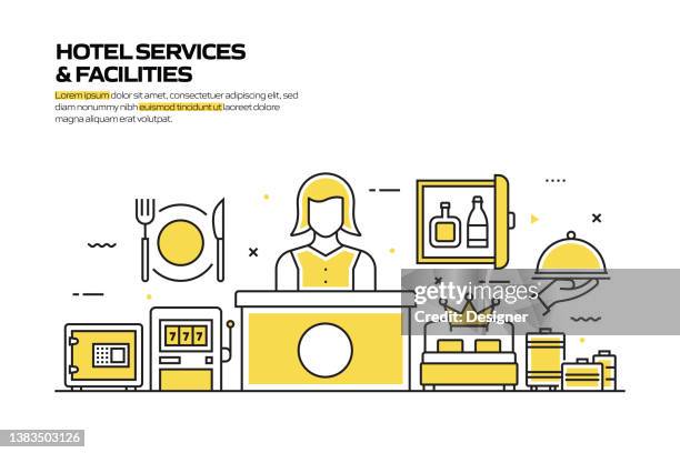 hotel services and facilities concept, line style vector illustration - concierge stock illustrations