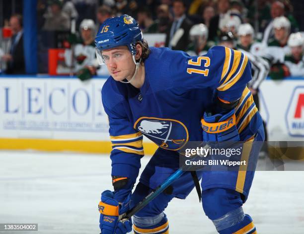 John Hayden of the Buffalo Sabres prepares for a faceoff against the Minnesota Wild during an NHL game on March 4, 2022 at KeyBank Center in Buffalo,...