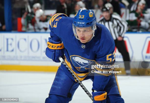 Jeff Skinner of the Buffalo Sabres prepares for a faceoff against the Minnesota Wild during an NHL game on March 4, 2022 at KeyBank Center in...