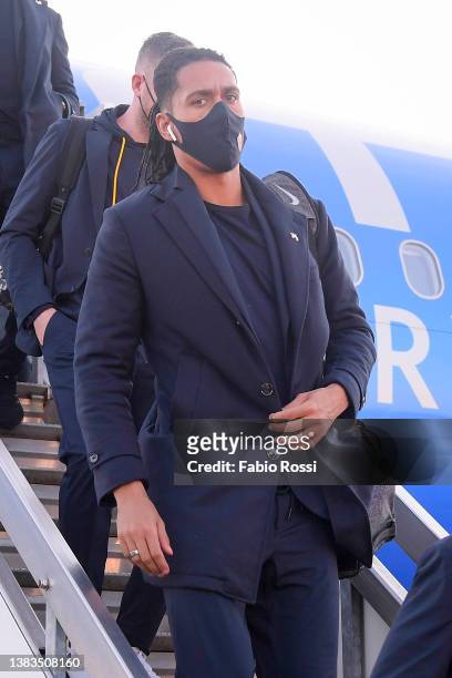 Roma player Chris Smalling travels to Arnhem on March 09, 2022 in Rome, Italy.