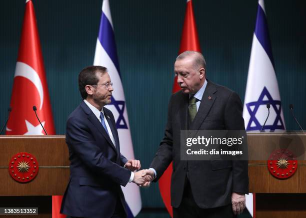 Israel President Israel Isaac Herzog and President Recep Tayyip Erdogan held a press conference in Ankara on March 9, 2022 in Ankara, Turkey.