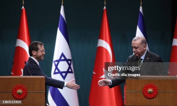 Israel President Israel Isaac Herzog and President Recep Tayyip Erdogan held a press conference in Ankara on March 9, 2022 in Ankara, Turkey.