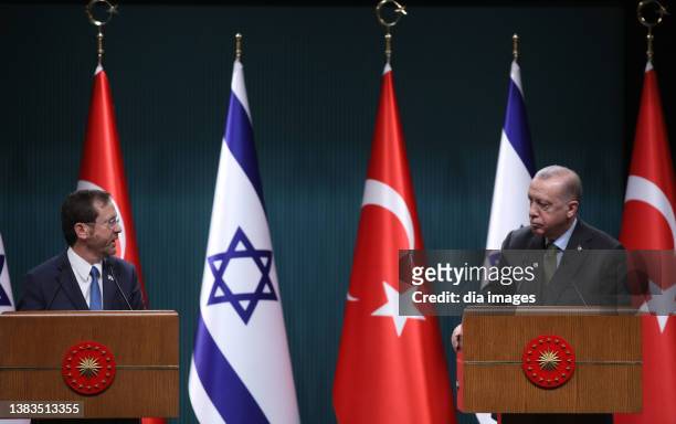 Israel President Israel Isaac Herzog and President Recep Tayyip Erdogan held a press conference in Ankara on March 9, 2022 in Ankara, Turkey.