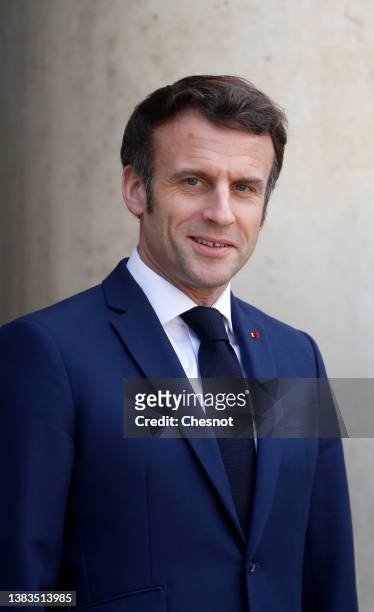 French President Emmanuel Macron waits for Armenian Prime Minister Nikol Pachinian prior to their meeting at the Elysee Presidential Palace on March...