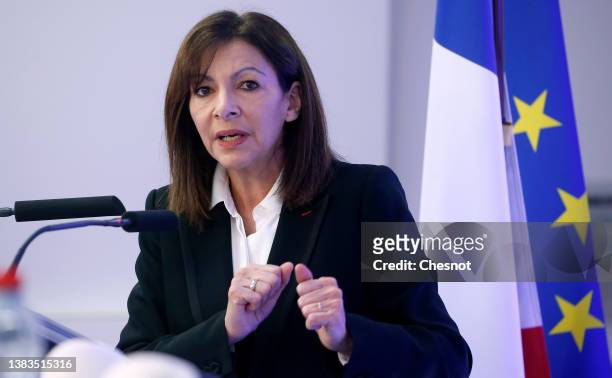 Mayor of Paris and Socialist Party party candidate for the 2022 French presidential election Anne Hidalgo presents her economic, social and...