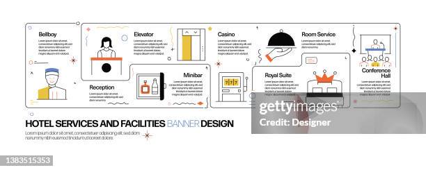 hotel services and facilities concept, line style vector illustration - hotel concierge stock illustrations