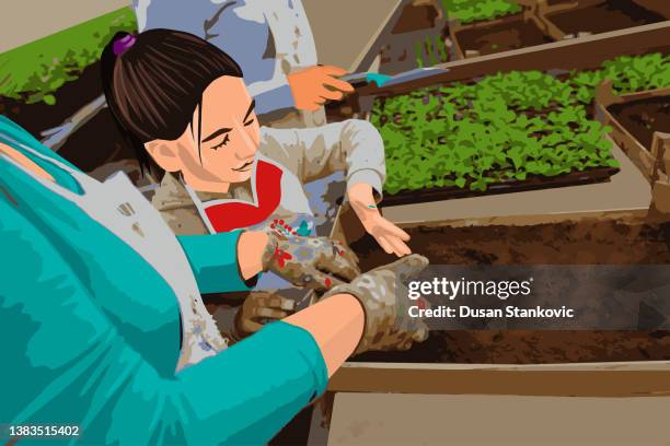 blumen pflanzen mit meiner familie - kind bauernhof stock-grafiken, -clipart, -cartoons und -symbole